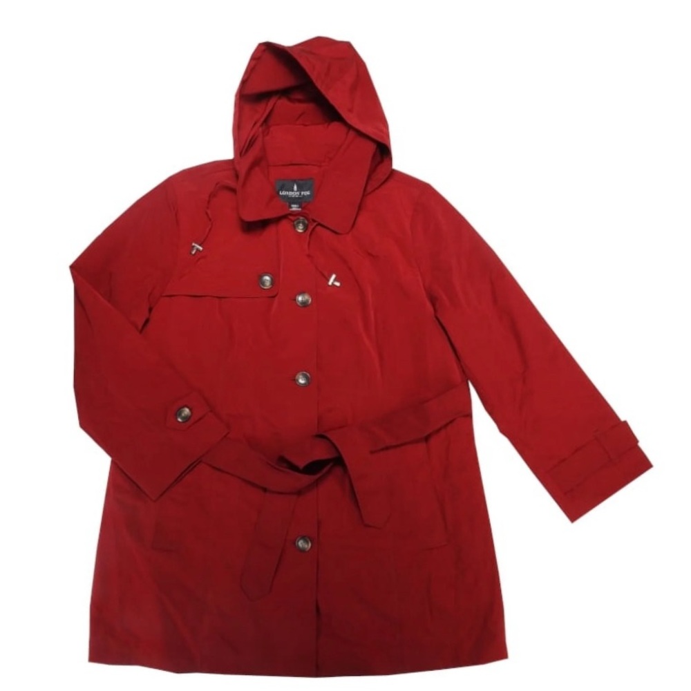 Women's LONDON FOG Red Hooded Trench Coat Medium.